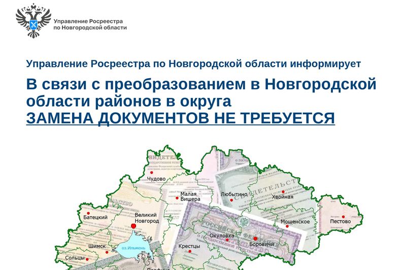 В связи с преобразованием в Новгородской области районов в округа замена документов не требуется.